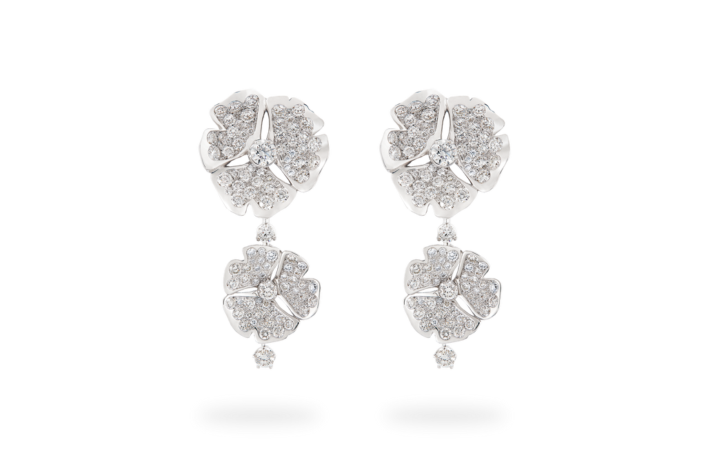 Boucle d'oreille Ginkgo Pavée 2 Fleurs - Or Blanc