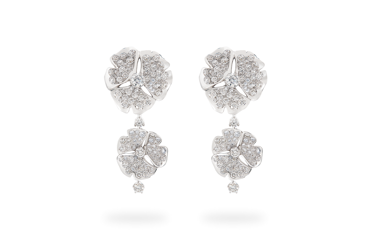 Boucle d'oreille Ginkgo Pavée 2 Fleurs - Or Blanc