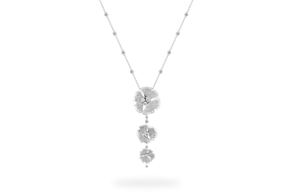 Collier Ginkgo Pavée 3 Fleurs - Or Blanc
