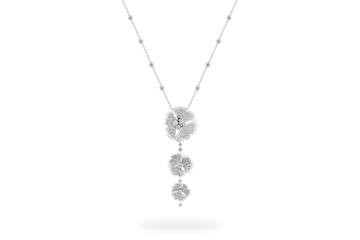 Collier Ginkgo Pavée 3 Fleurs - Or Blanc
