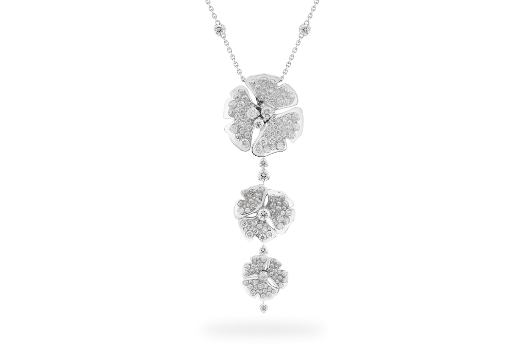 Collier Ginkgo Pavée 3 Fleurs - Or Blanc