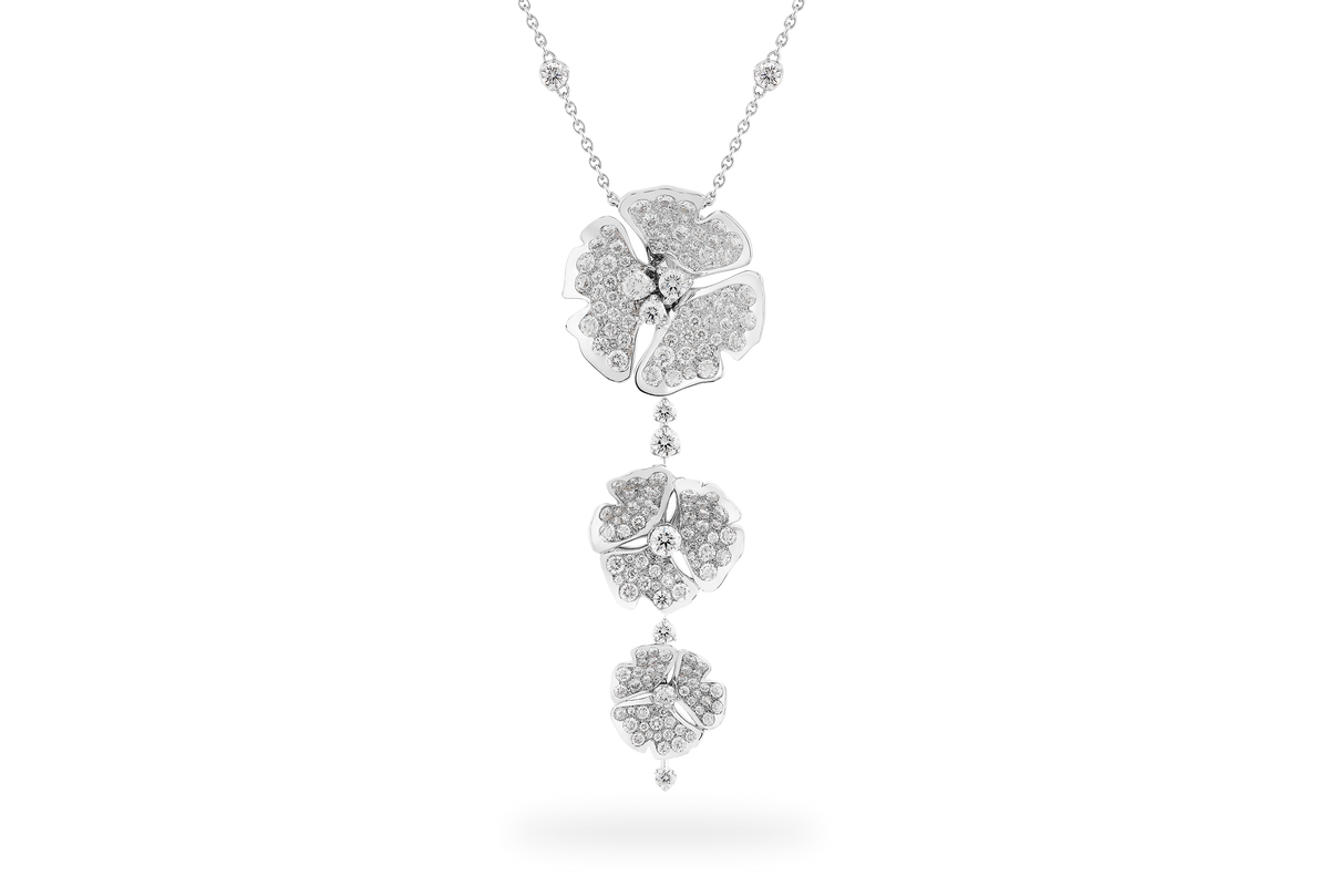 Collier Ginkgo Pavée 3 Fleurs - Or Blanc