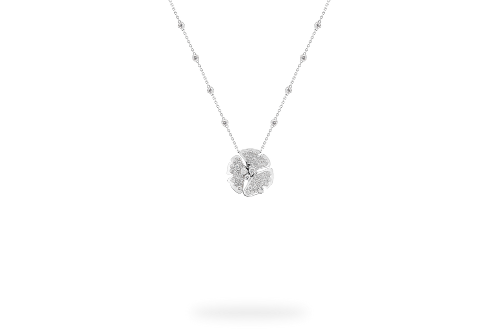 Collier Ginkgo Pavée 3 Fleurs - Or Blanc
