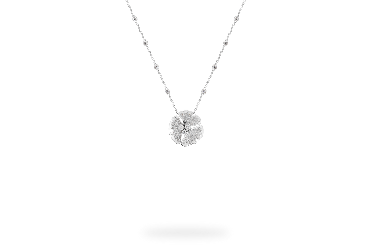 Collier Ginkgo Pavée 3 Fleurs - Or Blanc