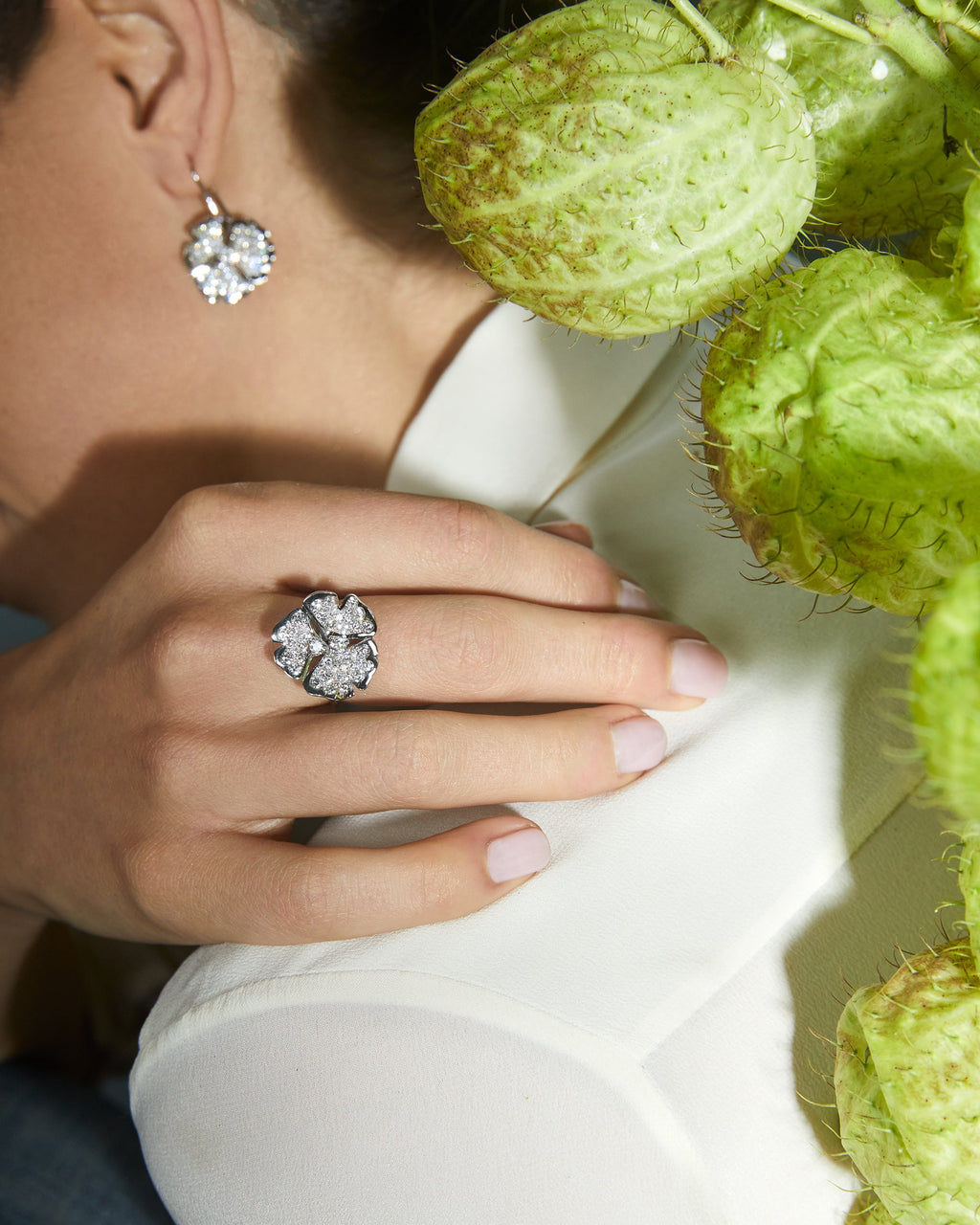Ginkgo Pavé Sleeper Earring - White Gold